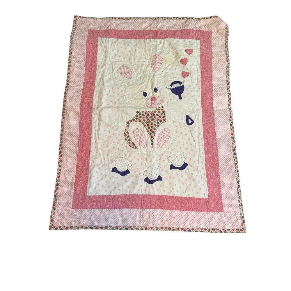 90s VTG Handmade Hunny Bunny Rabbit Baby Quilt Crib Blanket Pink & White Hearts